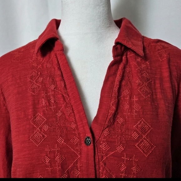 J.Jill Women's Red Embroidered Knit Cotton Button-down Blouse/Tunic Women's M - Picture 3 of 10